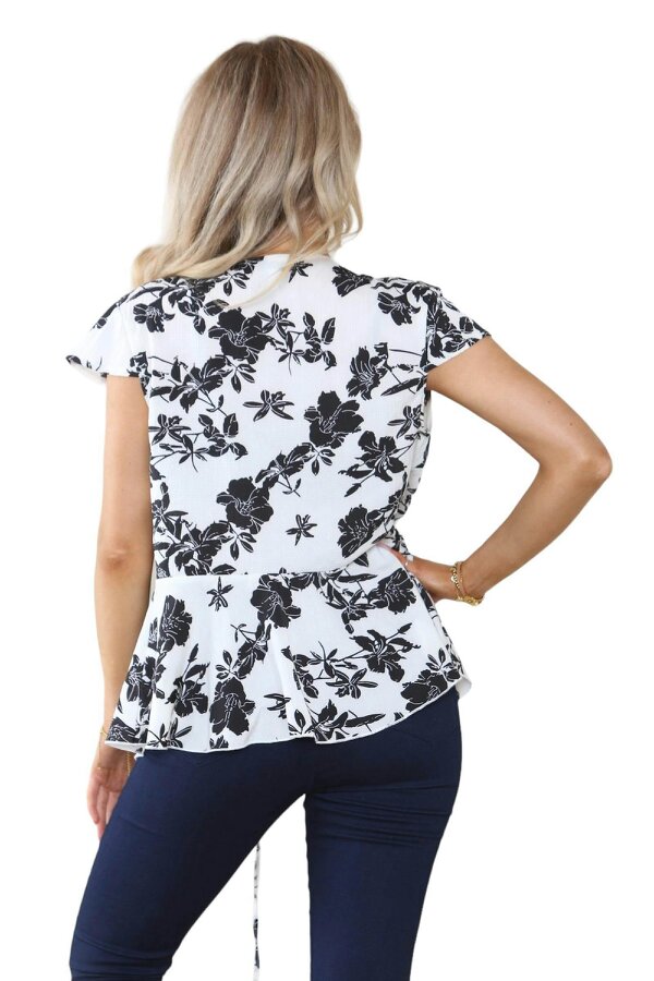 Women’s White Blouse Black Floral Open Front Tie-Up Lace Bow T-Shirt 