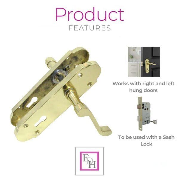 EDH Door Hardware Brass Finish Epsom Victorian Scroll Lock Door Handle on Shaped Back Plate +