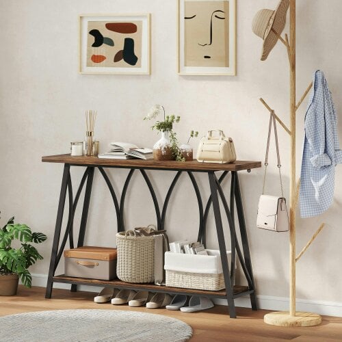 Wyld Haus Raneve Metal And Wooden Rustic Brown 2 Tier Industrial Console Table 120 x 30 x 80cm
