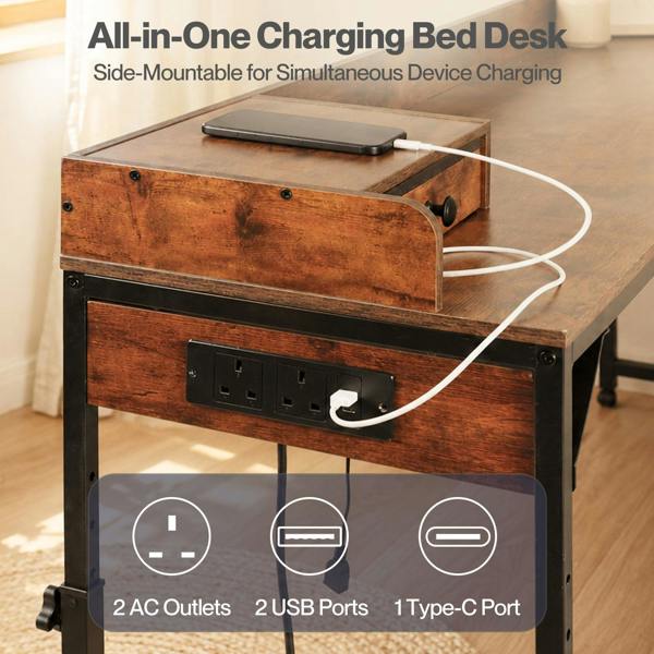 Levede Overbed Table 180cm 84-109cm Mobile with Charging Station Bedroom Brown