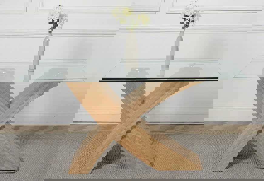 That's Furniture Valencia X Shape Glass Dining Table - 160cm Oak