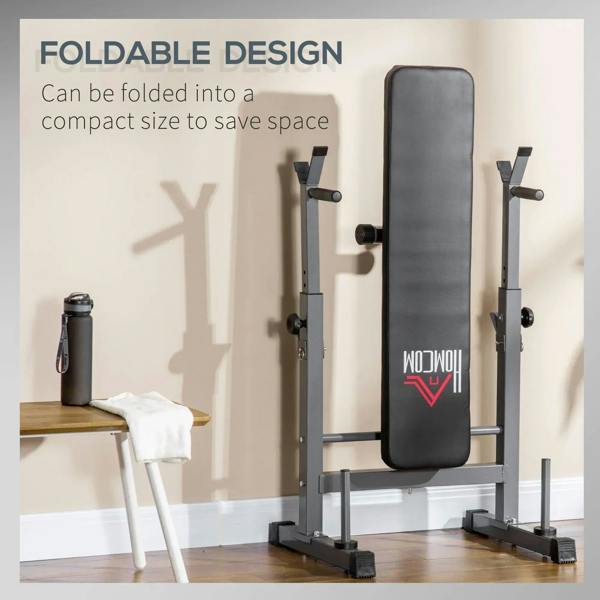 Foldable weight bench compact upright with black padded backrest and barbell rack