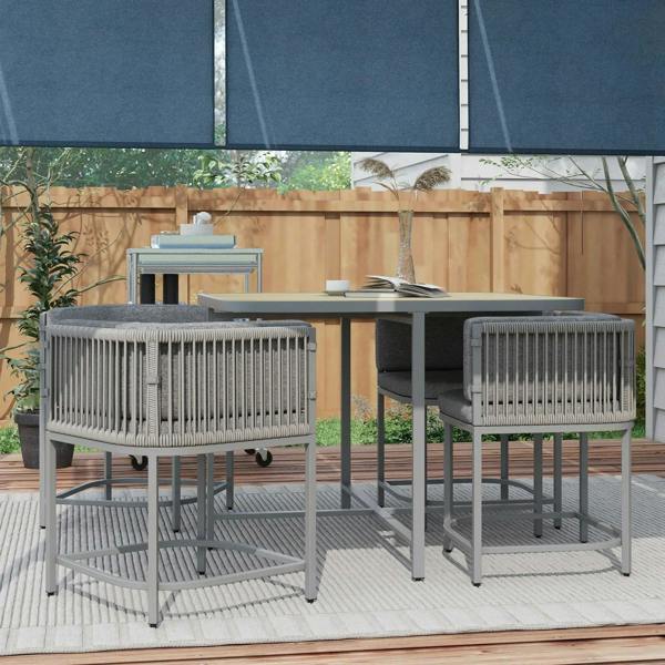 Grey rattan cube outdoor dining set with four cushioned chairs and square tabletop