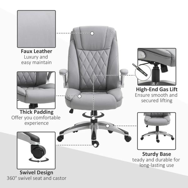 Grey faux leather executive swivel chair with thick padding and diamond-quilted back