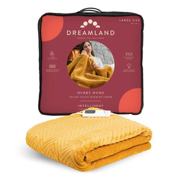 Dreamland Hurry Home Velvet Heated Throw Electric Blanket - Mustard Herringbone - 160cm x 120cm