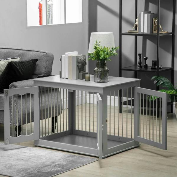 Grey dog crate end table with open side doors and slatted panels, ready for pets