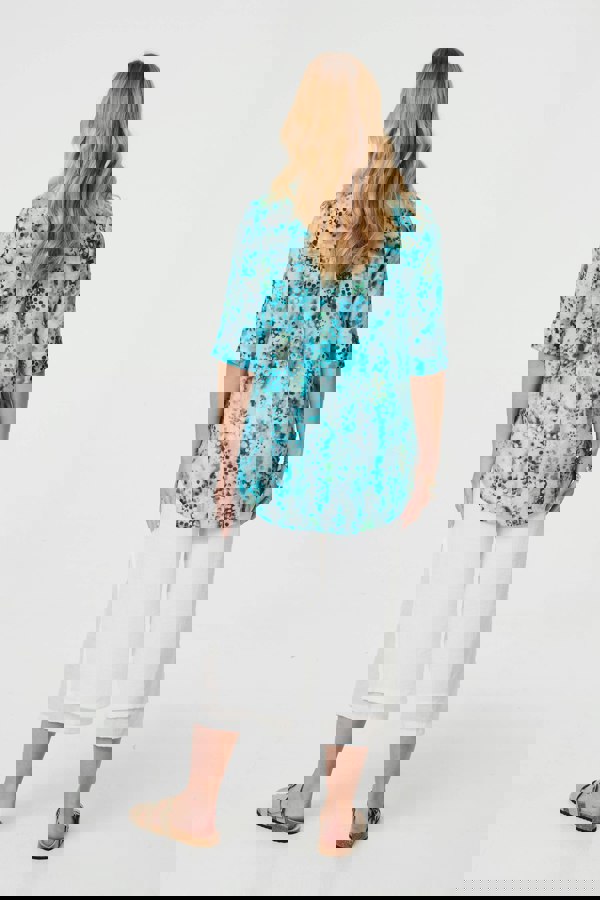 Turquoise | Printed 3/4 Sleeve Relaxed V-Neck Blouse
