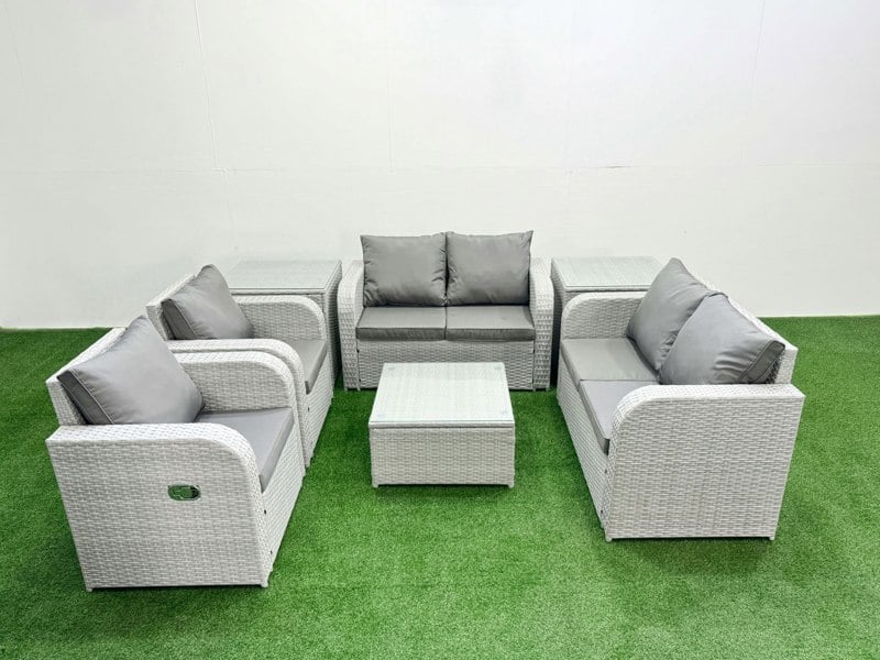 Fimous 6 Seater Outdoor Reclining Chair Love Sofa Set Rattan Garden Furniture Set with Square Coffee Table 2 Side Tables Light Grey
