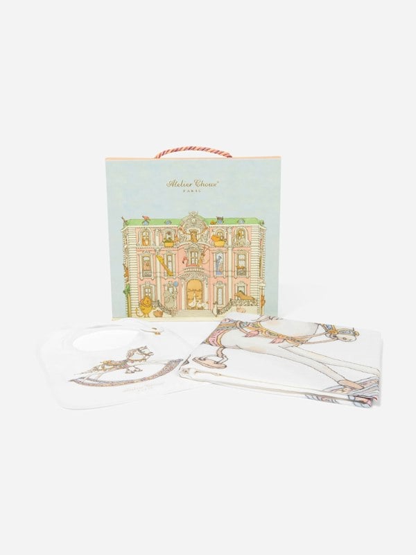 Atelier Choux Baby Rocking Horse Swaddle And Satin Bib Gift Set in White