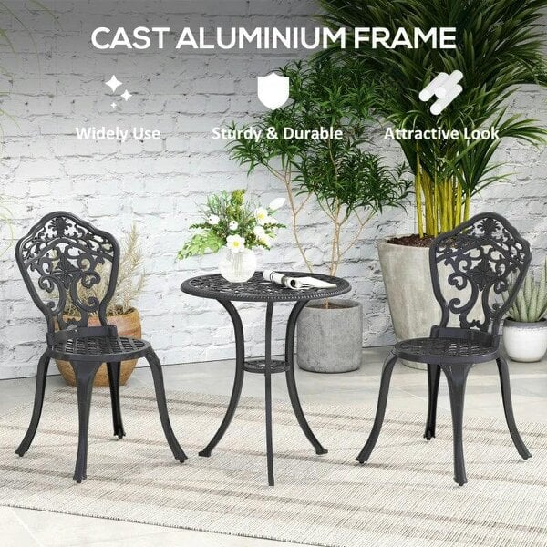 Three-Piece Aluminium Floral Bistro Set - Black