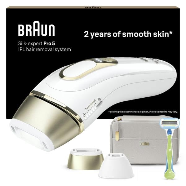 Braun IPL Silk-Expert Pro 5, At Home Hair Removal Device with Pouch, White/Gold, PL5124