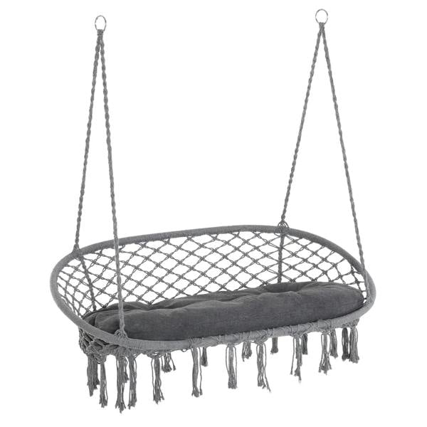 Dark grey macrame hammock swing with round net seat, thick rope suspension, fringe cushion