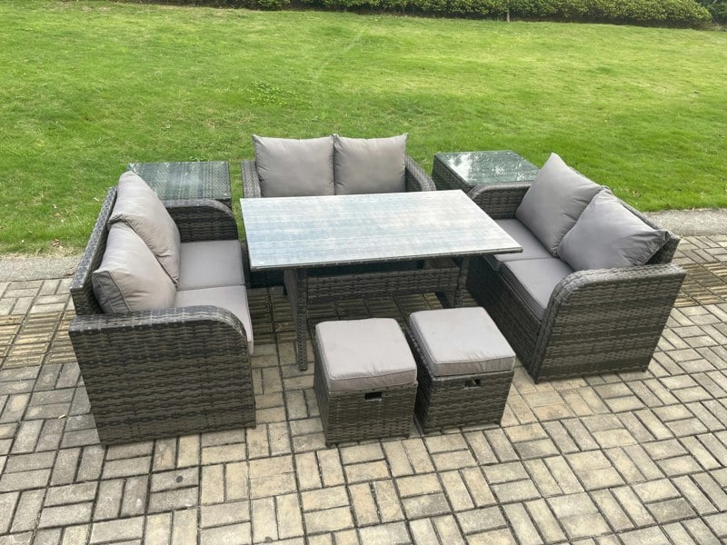 Fimous 8 Seater Outdoor Rattan Garden Furniture Set with Patio Rectangular Dining Table 2 Side Tables Love Sofa 2 Small Footstools Dark Grey Mixed