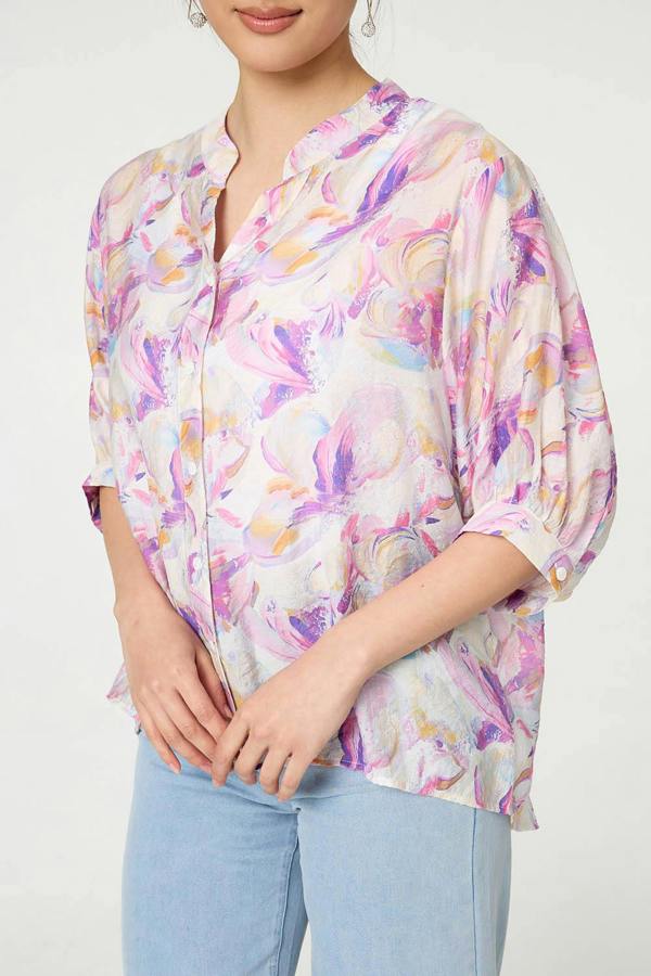 Pink | Abstract Curve Hem 3/4 Sleeve Blouse