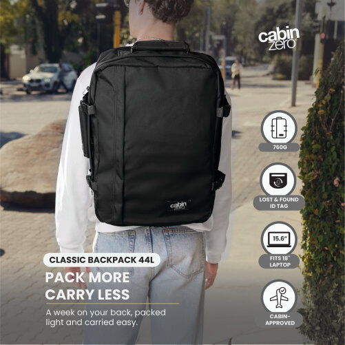 CabinZero Classic Cabin Backpack 44L, Large Carry On Travel Backpack for Week-Long Trips, Max Cabin Size