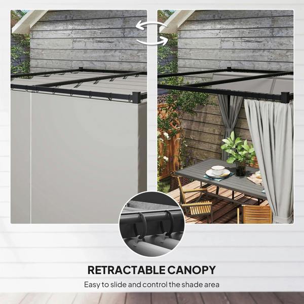 Grey side curtain panels on a metal pergola with retractable canopy coverage