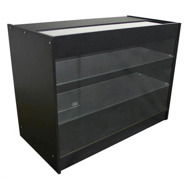K1200 retail display cabinet in sleek black, featuring three glass shelves and a sturdy frame, ideal for showcasing products