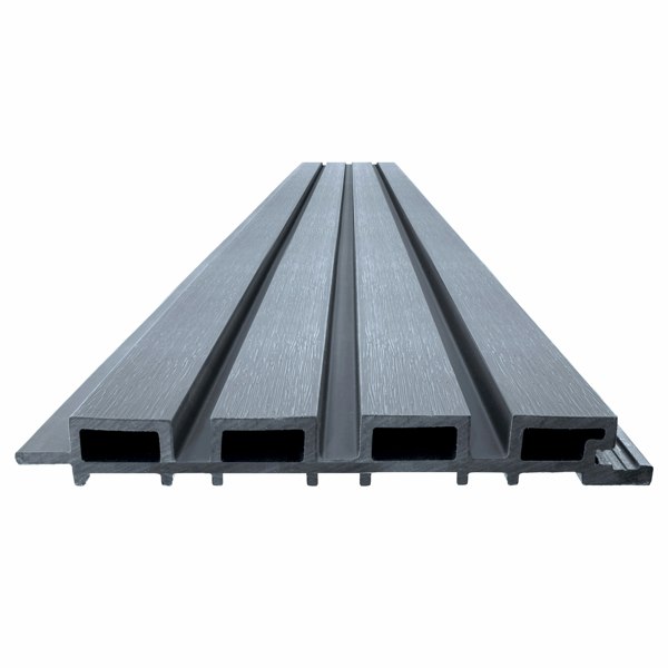 WPC slatted wall cladding panels in grey, featuring a textured surface and four parallel slats for modern outdoor decor