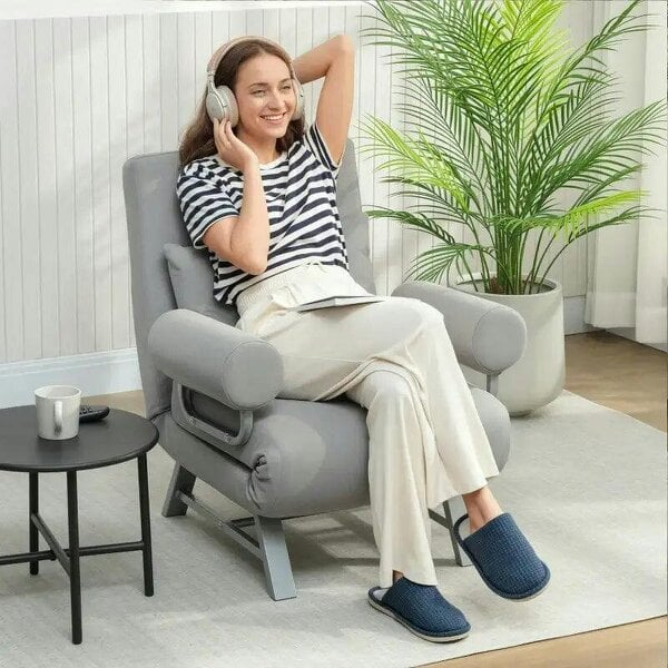 Single Sofa Bed, 3-in-1 Convertible Folding Chair Bed with Adjustable Backrest, Removable Armrests, Light Grey - Light Grey