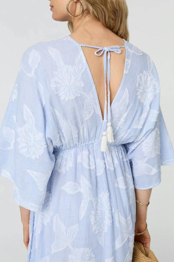 Blue | Floral Textured 3/4 Sleeve Maxi Dress