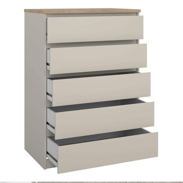 Wyld Haus Budapest Cream and Natural Oak Effect Wood Chest 5 Drawers