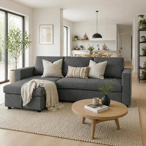 Wyld Haus Kesosu Dark Grey Upholstered 3 Seater Sofa Bed With Built In Storage