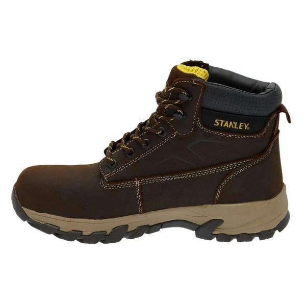 Stanley Tradesman Mens Steel Toe/Midsole Safety Work Boots, durable brown leather construction with yellow accents, rugged sole, and padded ankle support for work safety and comfort.