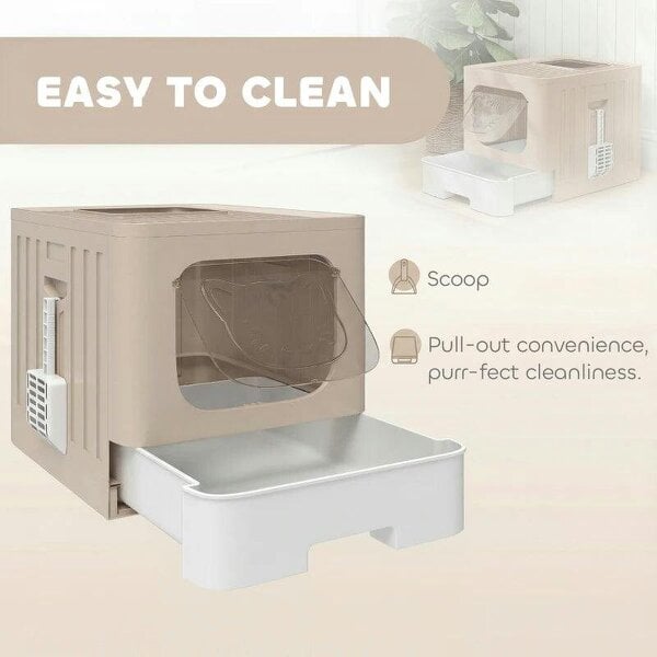 Cat Litter Box with Lid, Slide-Out Drawer, Scoop, Easy Clean, Odour Control, Anti-Splashing, Khaki