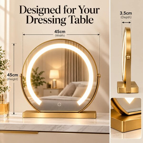 Downton Interiors Gold Round Dressing Table Vanity Mirror with LED Light Touch Control 45cm