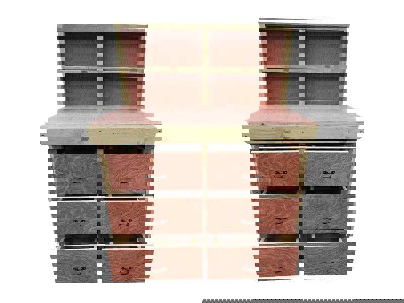 Wooden eucalyptus Top Workbench – Sturdy Tool Cabinet with Multiple Drawers for Organized Storage and Back Panel, Ideal for Dry Indoor Spaces Such as Garages, Workshops, and Studios