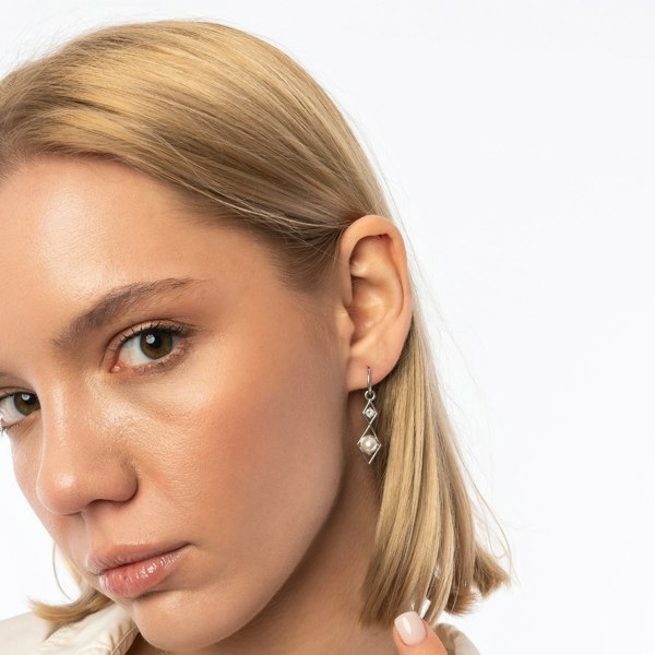 Spero London Sterling Silver Rhombus 3D Pearl Earrings