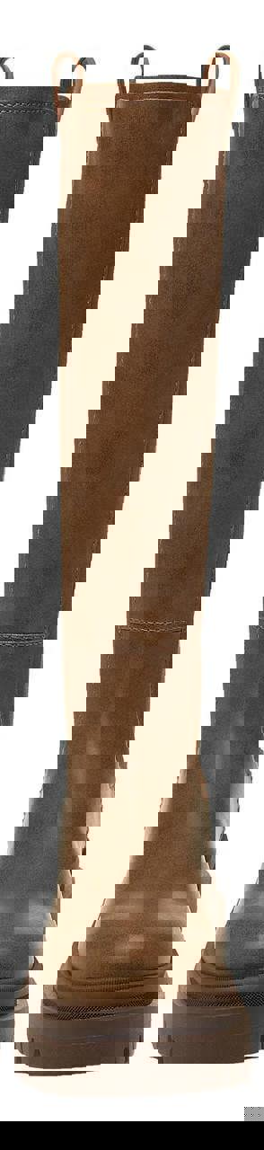 Rocket Dog Drea Womens Tall Knee High Full Zip Up Wedge Boots, front view of the tall brown leather knee-high boot with a full zipper and rugged tread sole.