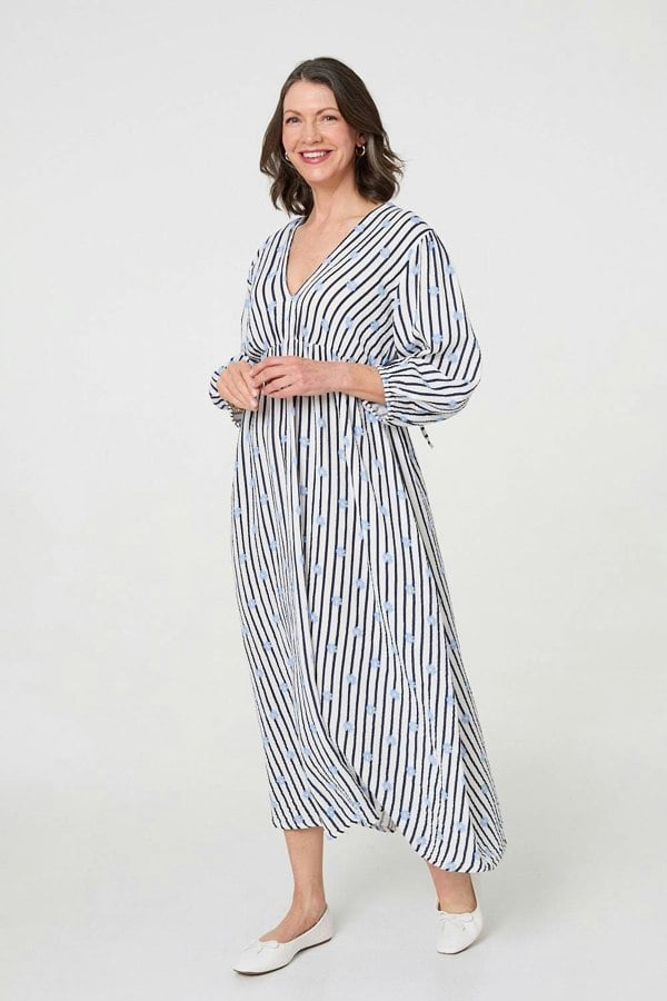 Blue | Striped Long Sleeve Empire Maxi Dress
