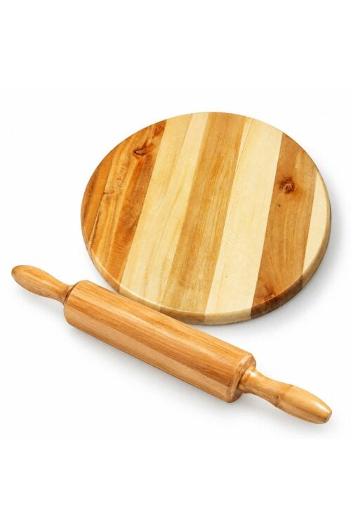 Dyzi Wooden Rolling Pin and Round Chopping Board Kitchen Set Natural Wood