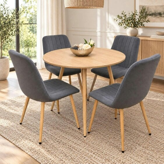 Kosy Koala Wood-Effect Round Dining Table Set with 4 Beige Velvet Padded Chairs & Metal Legs, 90 cm