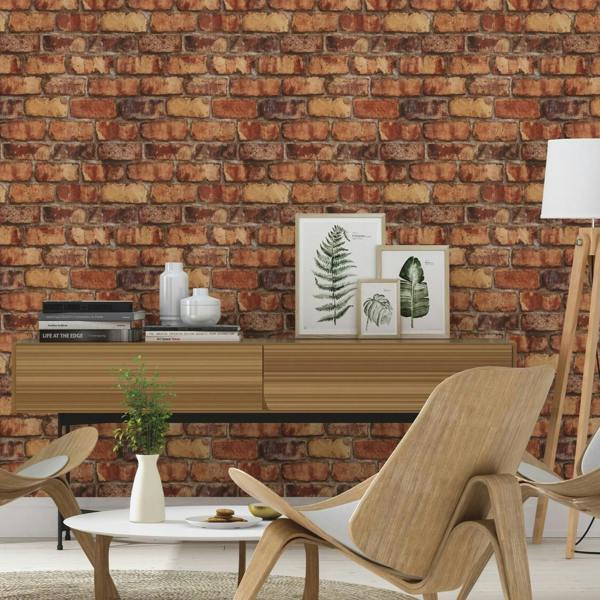 Rasch x Tesa Clayton Rustic Industrial Brick Self Adhesive Peel and Stick Textured Wallpaper, Orange