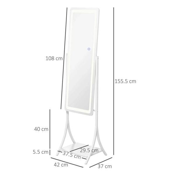 White full-length standing mirror with adjustable stand and visible size markings