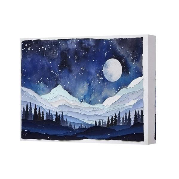 Benjamin Tate Design Moonlit Mountain Landscape Canvas Wall Art Print With Night Sky Moon