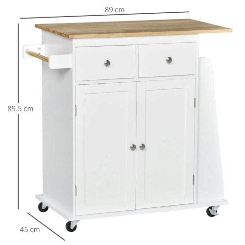 Bobobiy Kitchen Island on Wheels, Rolling Kitchen Cart with Rubber Wood Top, 2-Door Cabinets, 2 Drawers, Adjustable Shelf, 3-Tier Spice Rack