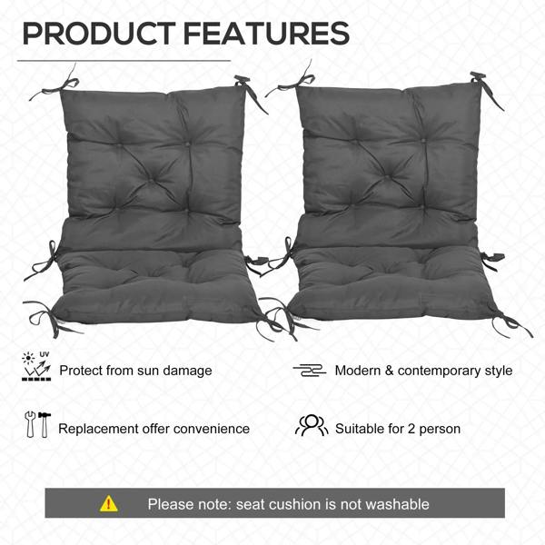 Set of two dark grey outdoor seat cushions with tufted cushions and securing ties