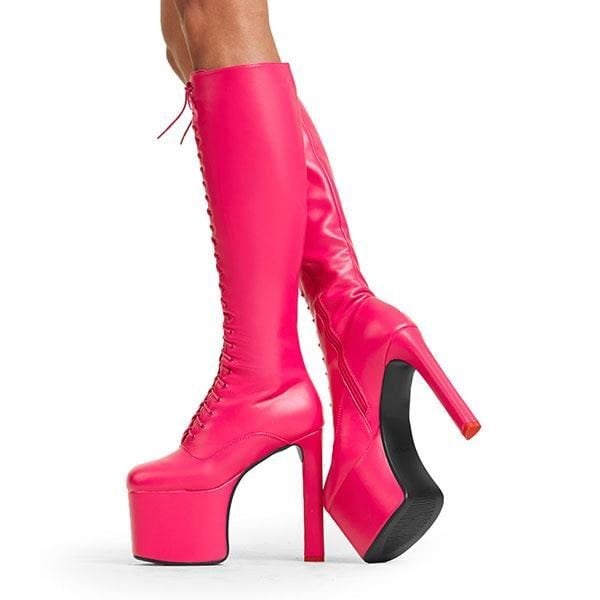 Lamoda Knee High Boots Nowhere To Run Round Toe Platform Zip Fuchsia, Bold