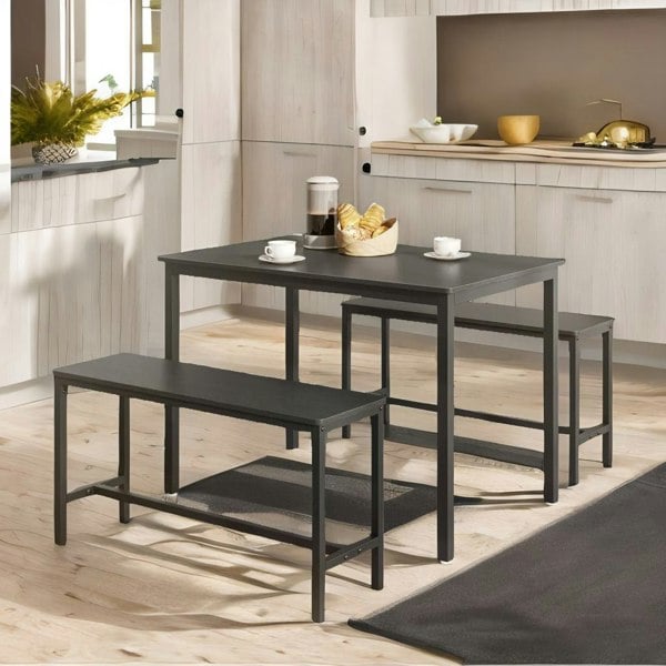 Rafaelo Mobilia Industrial Dining Table Set With 2 Benches Black
