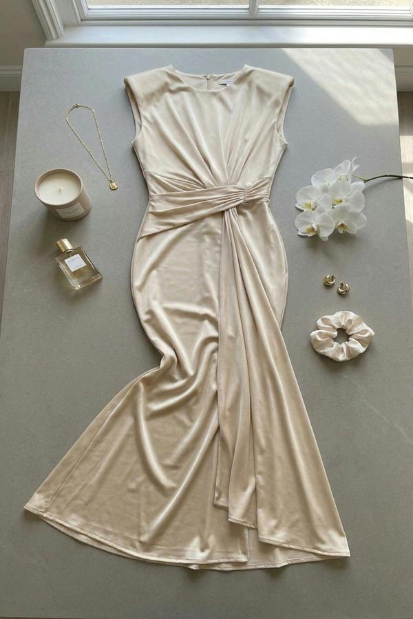 Nadia Sleeveless Gathered Maxi Dress With Drape - Champagne