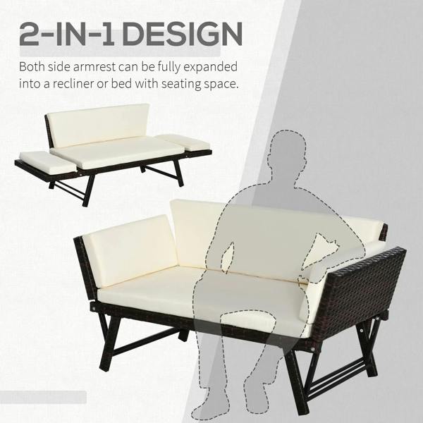 Brown rattan convertible sofa with cream cushions and fully expanded side armrests