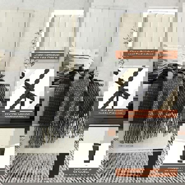 Levede Wooden Bed Frame King Panel Plush Upholstered Metal Bed Platform Beige