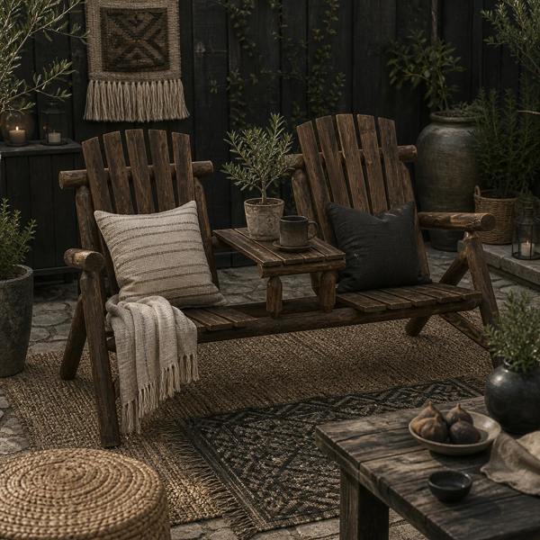 Wyld Haus Basaveva Wood Natural Jack And Jill 2 Seater Garden Bench With Centre Coffee Table