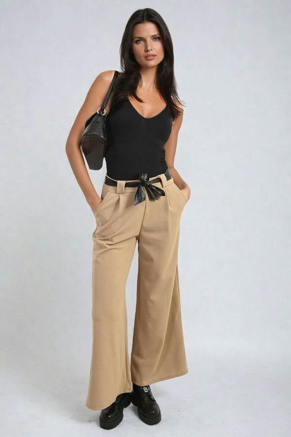 Mariana Belted High Waist Wide Leg Trouser - Stone