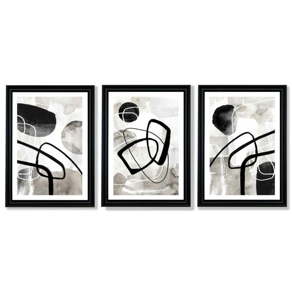 Artze Wall Art Set of 3 Abstract Black Grey Watercolour Framed Wall Art