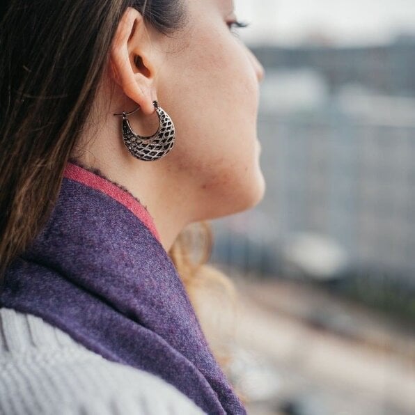 The Colourful Aura Large Silver Oxidised Vintage Retro Braided Dainty Statement Hoop Earring