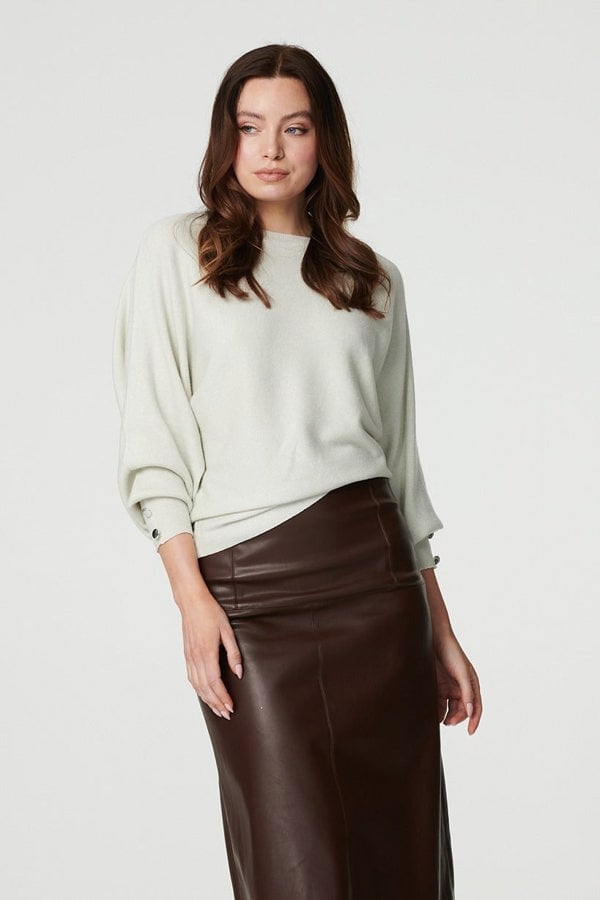 Brown | Faux Leather High Waist Midi Skirt